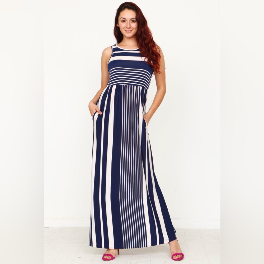 Eloges Navy White Striped Maxi Dress Sleeveless Stretch 2XL USA Made